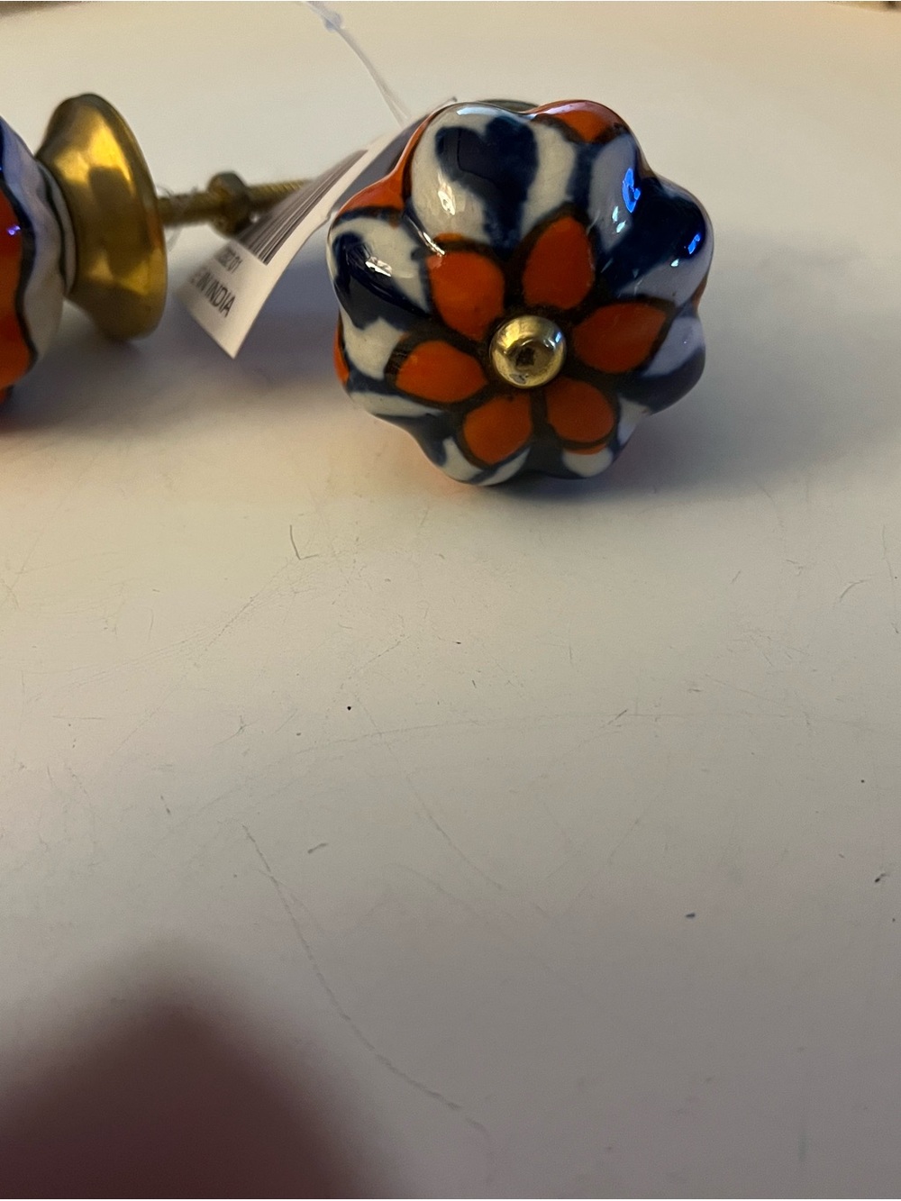 Ceramic Floral Cabinet Knob in Orange and Navy set of 2